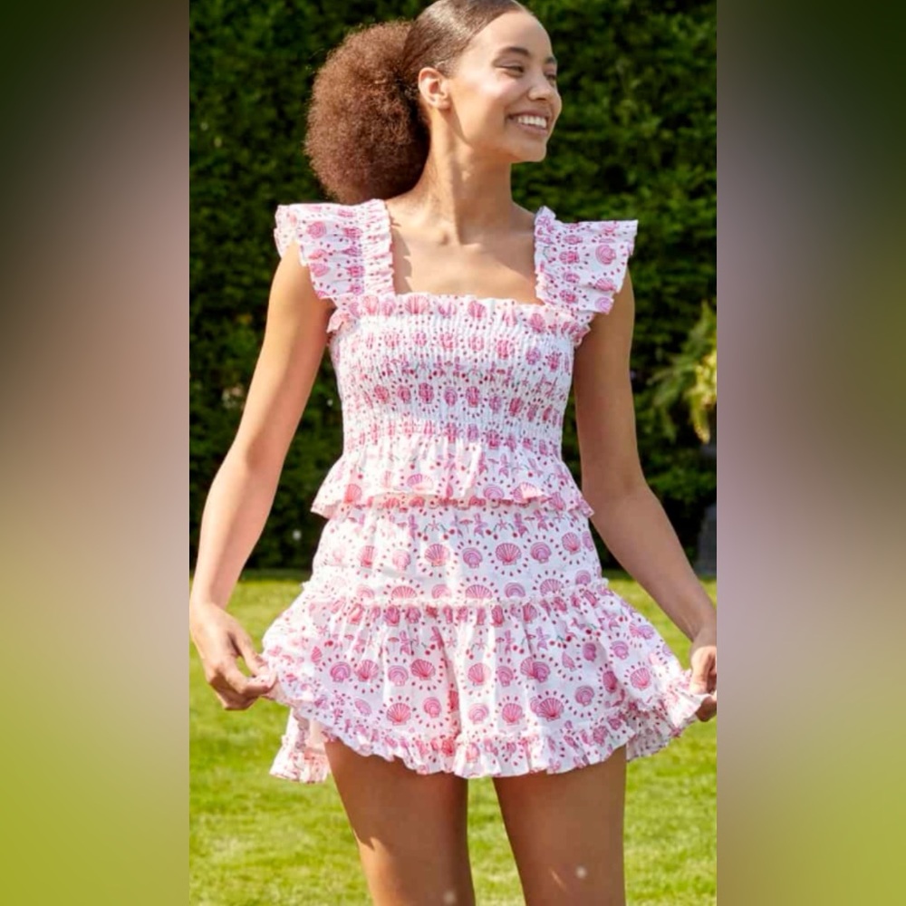 Hill House Paz Linen Mini Skirt Set in the Mermaid Shells & Cherry print Size M